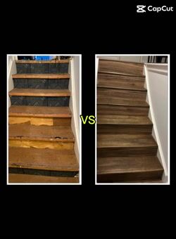Before and after of a stairway refinished by Aaron Torres